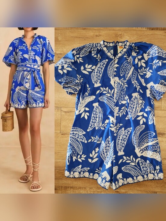 FARM Rio Pants - UNWORN Farm Rio Blue Lace Banana Pineapple Romper Jumpsuit M 100% Cotton NO BELT